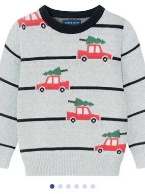 Andy & Evan Gray Stripe Sweater with Red Car and Green Tree Motif